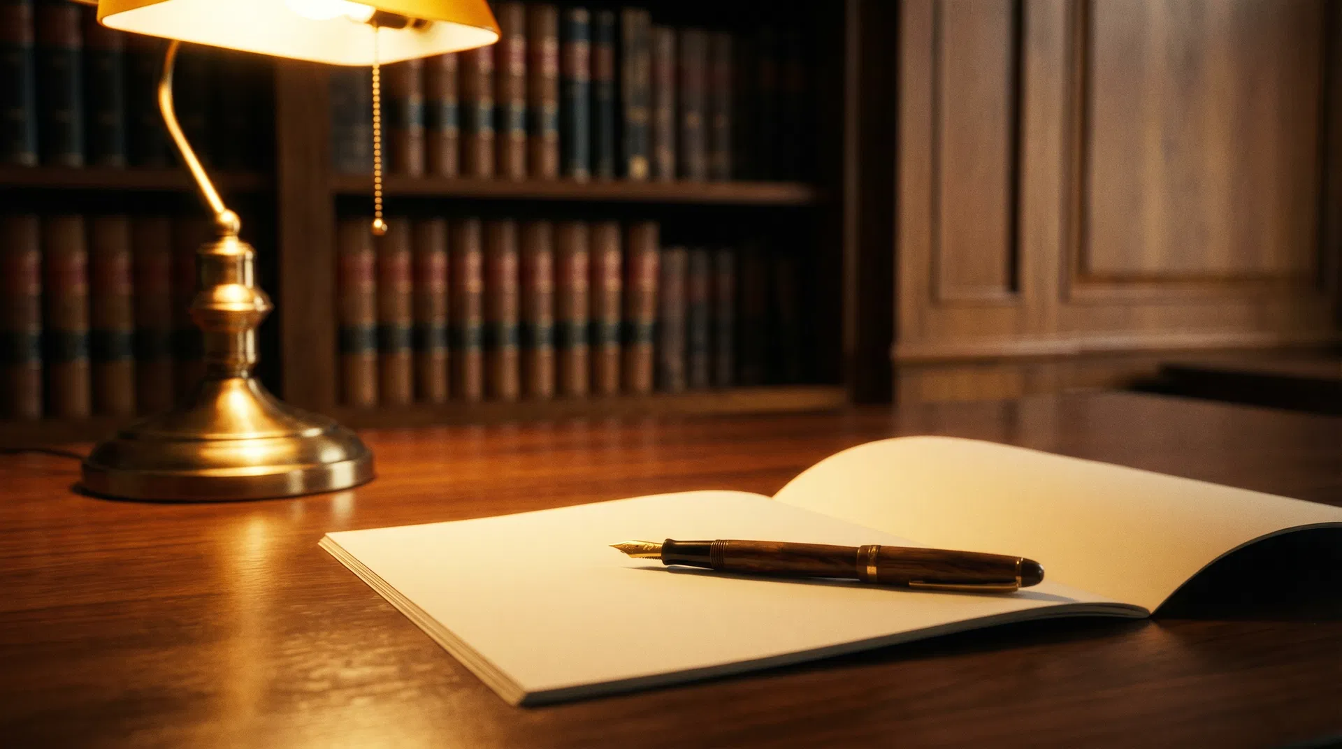 Close-up of a polished walnut conference table with a fountain pen resting on an open document, warm amber light from a brass desk lamp