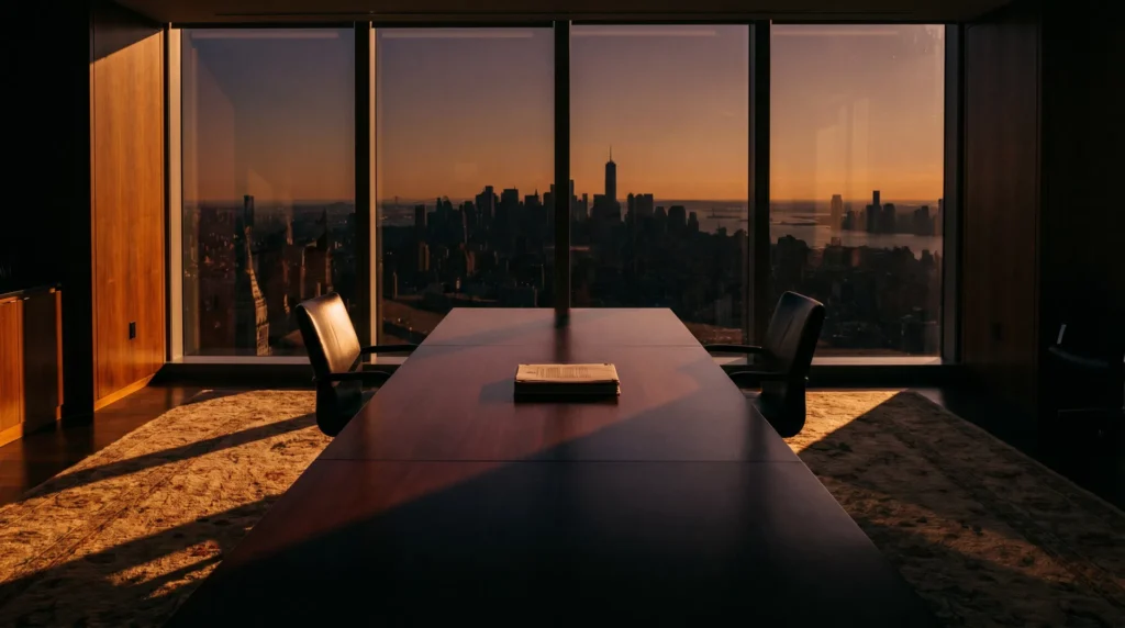 A polished midtown Manhattan private equity office at golden hour, mahogany conference table stretching toward floor-to-ceiling windows overlooking the city skyline