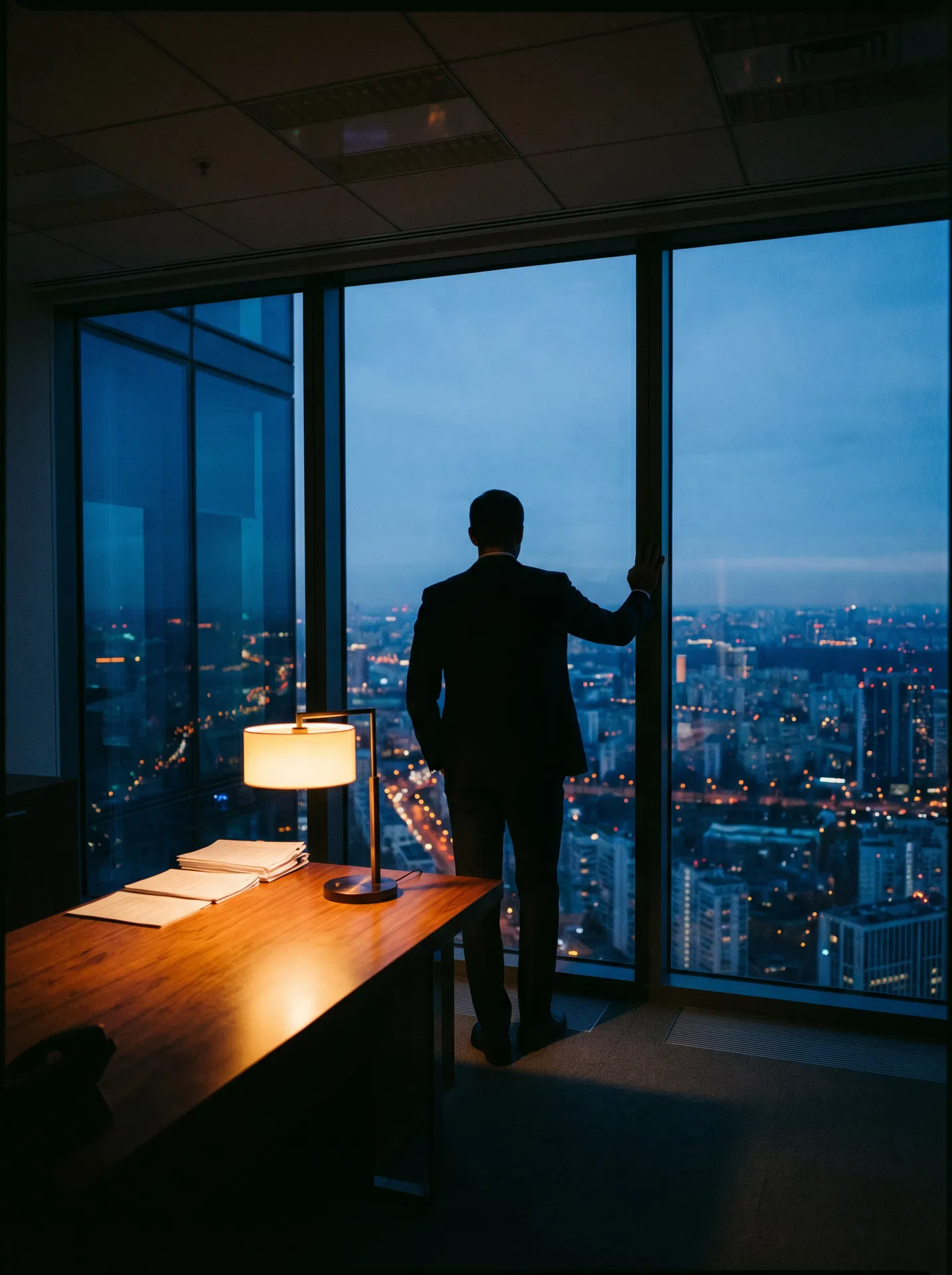 Silhouette of a man standing at a floor-to-ceiling window in a high-rise office, looking down at a sprawling city at twilight