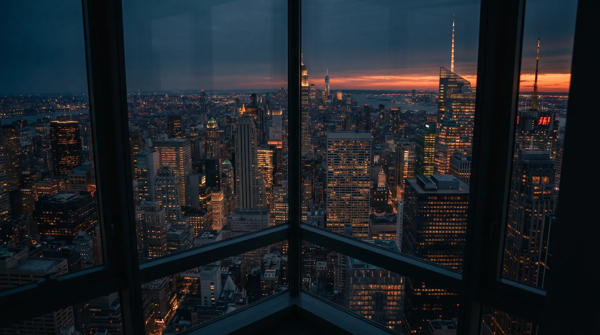 Manhattan skyline at dusk seen from a high-rise window, warm amber lights glowing in office towers, thin band of deep orange sunset on the horizon