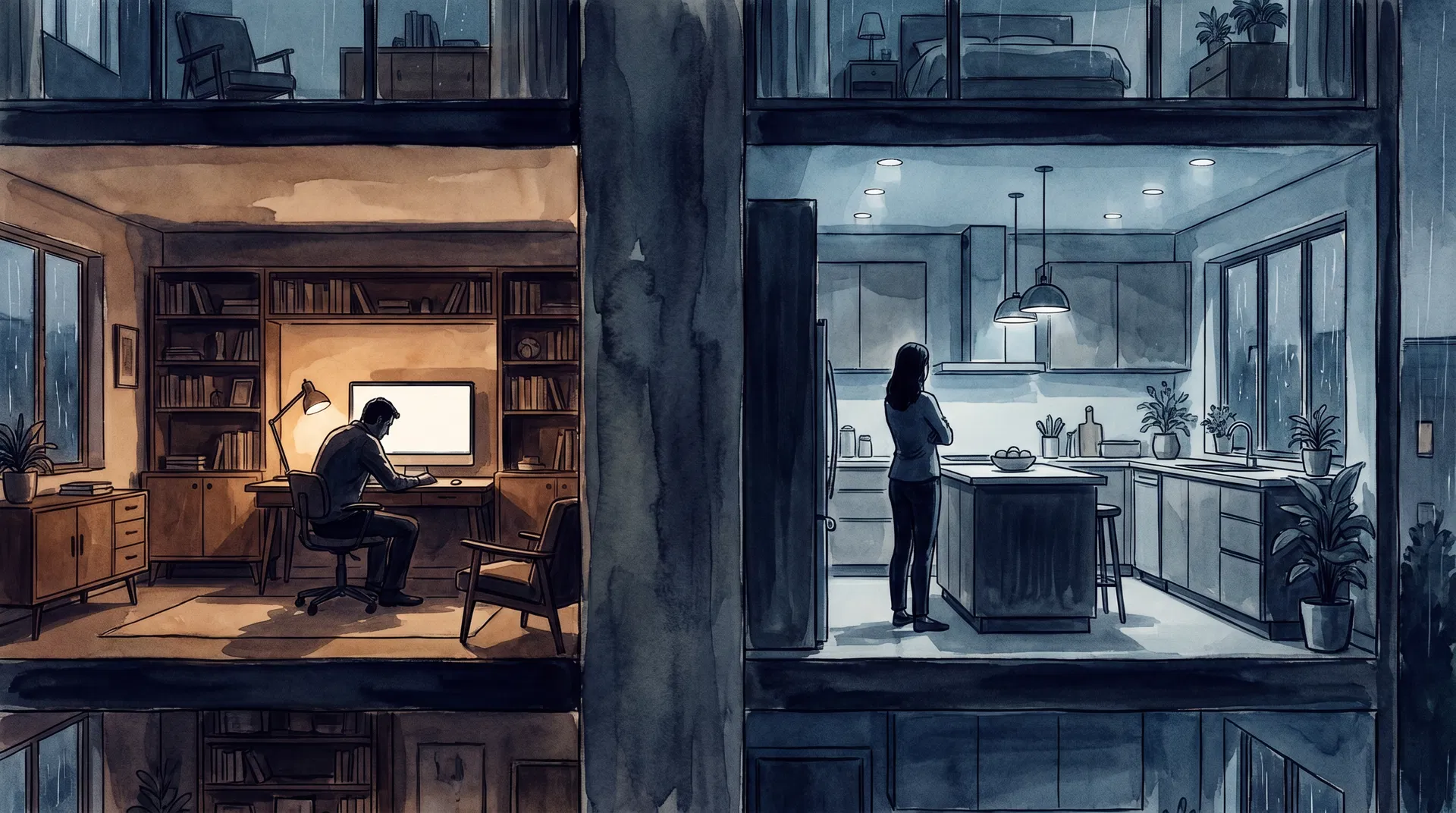Two silhouettes in separate rooms of the same house — one at a desk, one in the kitchen, backs turned