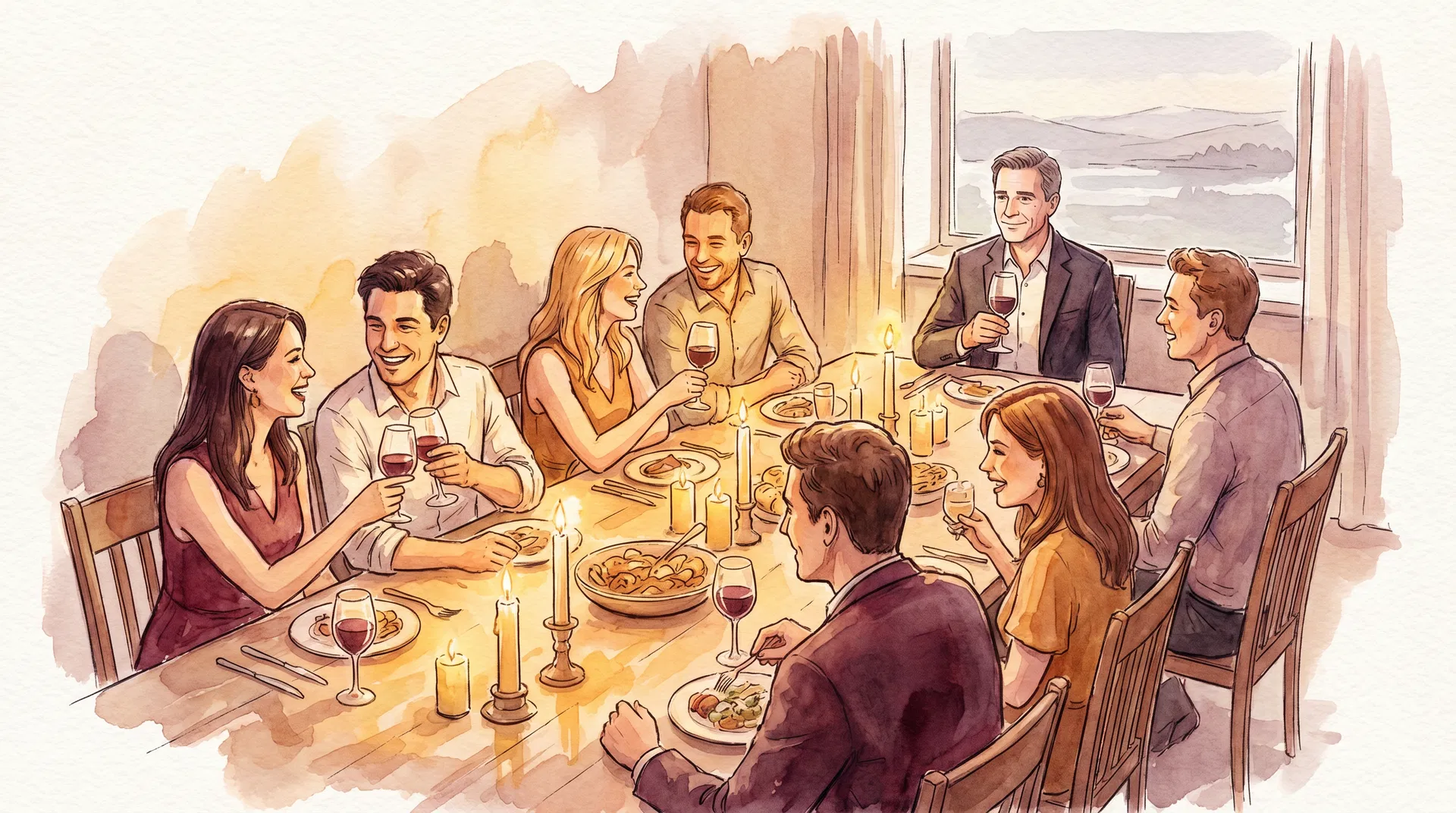 A dinner party where everyone is laughing except one man at the end of the table, smiling but absent