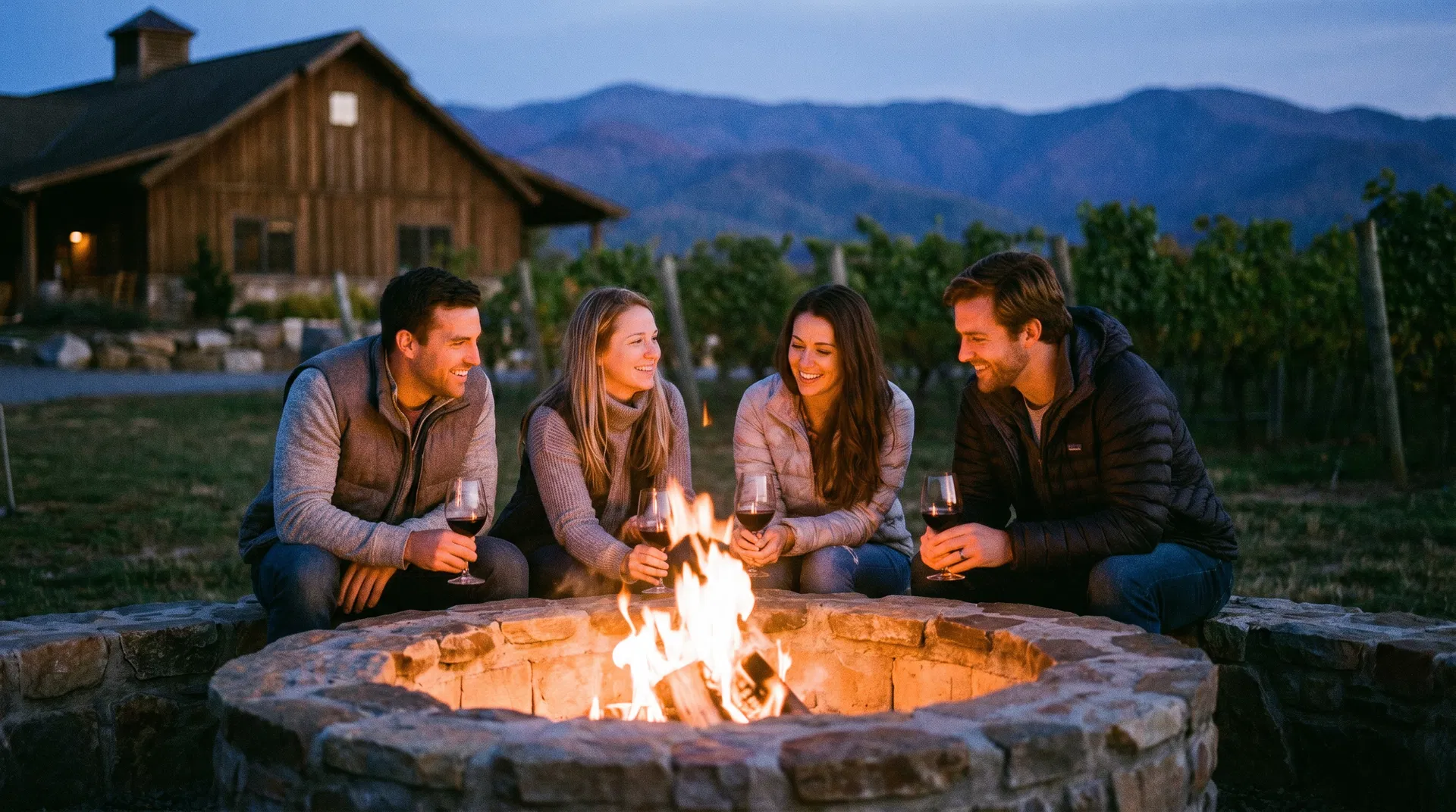 Four people sitting around a stone fire pit at dusk in a vineyard, leaning in, wine glasses in hand