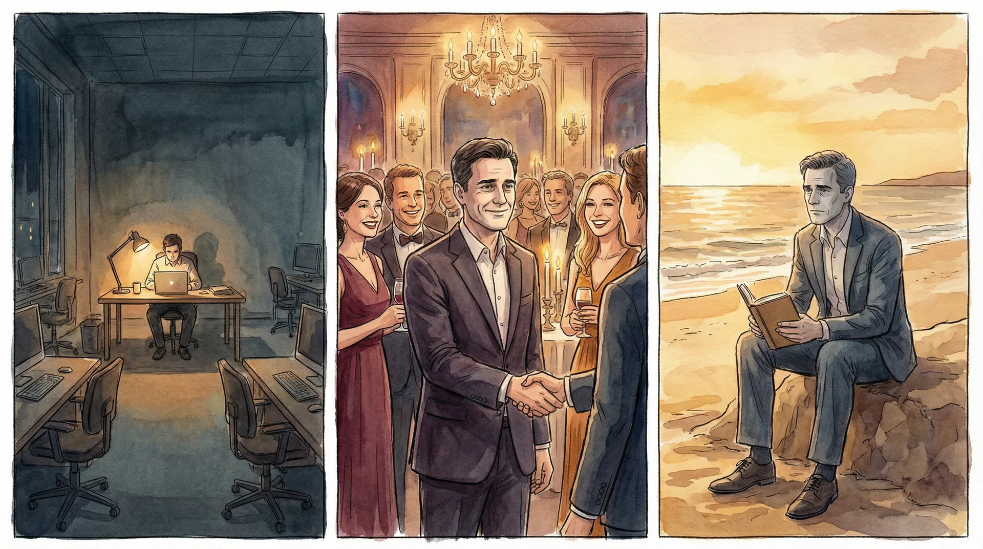 Triptych: a founder alone in a dark office, a founder at a gala, a founder on a beach staring at the ocean
